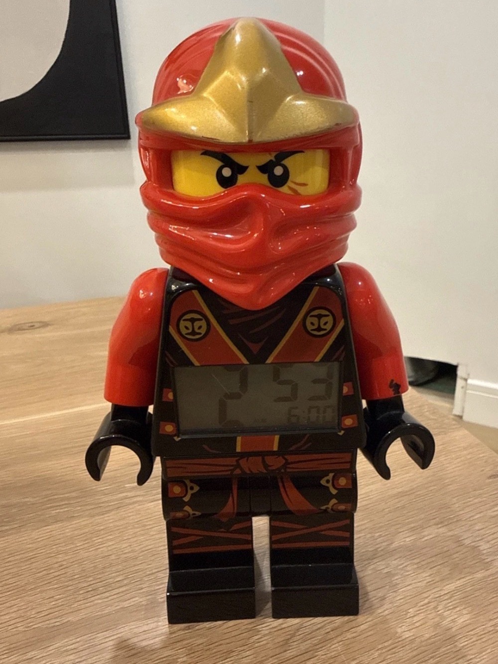 Lego Red Ninja Minifigure Alarm Clock with Gold Helmet Accent